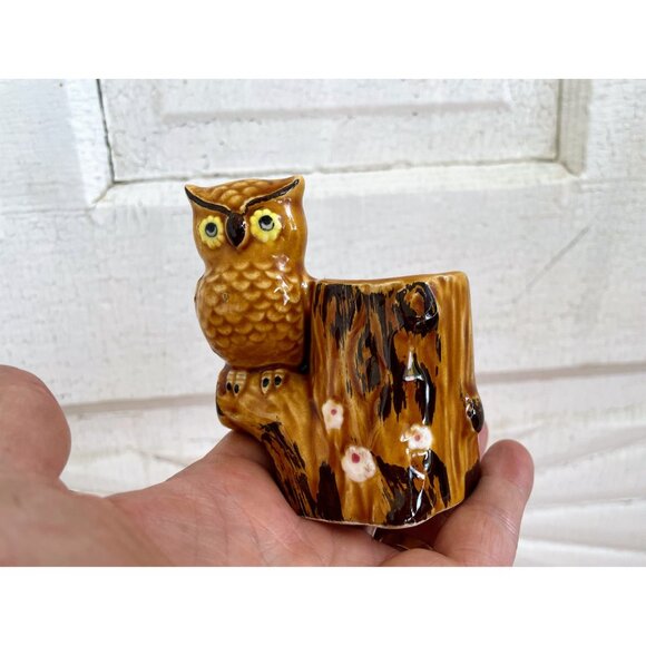 Vintage 1970s Ceramic Owl Toothpick Holder Vase Figurine - Picture 2 of 8